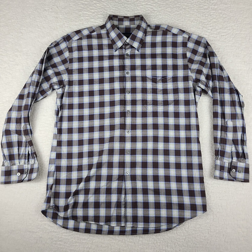 Scott Barber Dress‎ Shirt Mens XL Brown Green Plaid Cotton Button Up